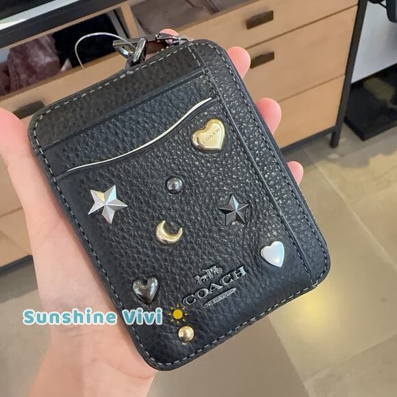 NWT Coach Zip Card Case With Rivets Refined Pebble CCO21 Leather Black Multi - Picture 1 of 5